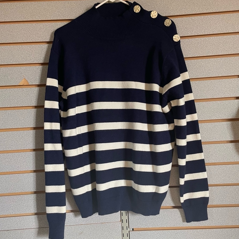 Unbranded New‎ NWOTS Navy Off White Striped Sweater Large Button Accents